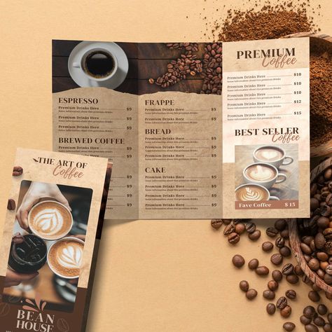 Brochure Coffee Design, Coffee Shop Brochure, Cafe Brochure, Coffee Brochure, Brochure Diy, Diy Brochures, Minimalist Brochure, Minimalist Coffee Shop, Template Brown