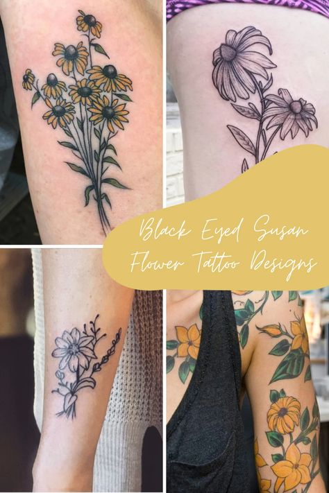 59 Black Eyed Susan Tattoo Ideas & Designs - TattooGlee Black Eyed Susan Vine Tattoo, Black Eyed Susan Tattoos, Black Eyed Susan Tattoo Small, Brown Eyed Susan Tattoo, Black Eyed Susan Tattoo Simple, Black Eyed Susan Tattoo, Lilly Flower Tattoo, Tattoo Black Women, Tattoo Placement Arm