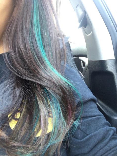 Brown Hair With Aqua Highlights, Blue Streaks Curly Hair, Brown And Aqua Hair, Teal Tips Hair, Color Short Hair Ideas, Teal Peekaboo Highlights, Teal Hair Streaks, Teal Hair Extensions, Green Hair Streaks