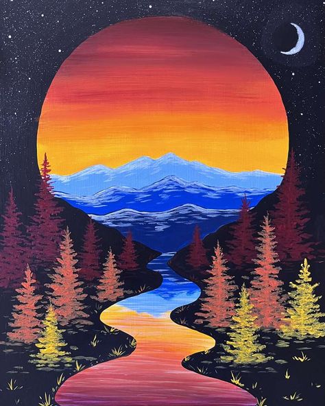 The trail to happiness begins in the mountains! Fall Mountain Painting Easy, Mountain Acrylic Painting Easy, Garage Murals, Easy Landscape Paintings, Moon Silhouette, Canvas Art Projects, Scenery Paintings, Canvas Painting Tutorials, Paint Night