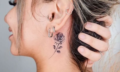 Rose Tattoo Behind Ear, Simple Rose Tattoo, White Rose Tattoos, Behind Ear Tattoos, Tattoo Behind Ear, Rose Tattoos For Men, Small Rose Tattoo, Small Flower Tattoos, Discreet Tattoos