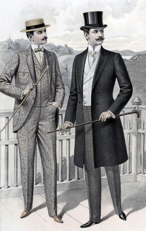 In the 1890-1900 men would wear frock coats during the day. These coats were knee length and had no grunt cut away. This frock coat could also be called a Prince Albert. During the Edwardian era these coats were worn day to day ad modern lounge suits. 1900 Fashion, 1890s Fashion, Gentleman Outfit, 1910s Fashion, Class Outfit, Jordan Sneaker, Top Hats, Mode Masculine, Edwardian Era