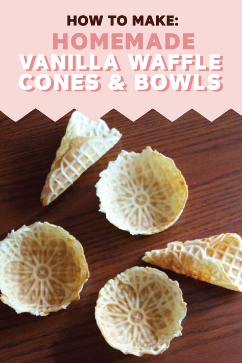 This recipe tutorial for how to make Homemade Vanilla Waffle Cones and Bowls makes it easy to add a fun twist to dessert. Bring out these golden-brown treats for any occasion this spring. Which flavor of Edy’s Slow Churned light ice cream will you and your family choose for this delicious dish? Waffle Cups, Waffle Bowl Recipe, Homemade Waffle Cones, Ice Cream Cones Recipe, Diy Waffles, Make Your Own Vanilla, Waffle Bowl Maker, Pizzelle Maker, Waffle Cone Recipe