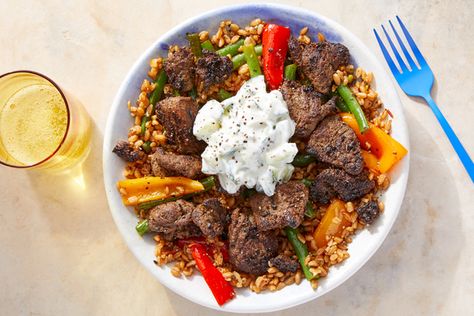 Beef+Shawarma+Bowls+with+Harissa+Vegetables+&+Cucumber+Yogurt.+Visit+https://www.blueapron.com/+to+receive+the+ingredients. Harissa Vegetables, Green Beans And Peppers, Shawarma Wrap, Beef Shawarma, Chicken Shawarma Wrap, Glazed Vegetables, Cucumber Yogurt, Spiced Beef, Creamy Cucumbers