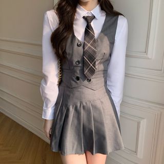 Buy Dute Plain Shirt / Double-Breasted Vest / Pleated Mini Skirt / Plaid Tie at YesStyle.com! Quality products at remarkable prices. FREE Worldwide Shipping available! School Uniform Fashion, School Uniform Outfits, High Waisted Pleated Skirt, Shirt Vest, Uniform Fashion, Plain Shirt, Pleated Mini Dress, Looks Chic, Kpop Fashion Outfits