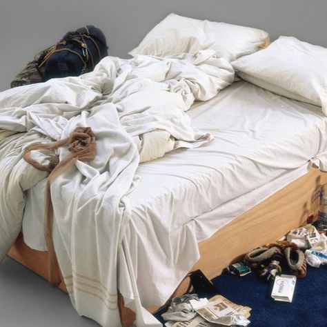 Tracey Emin, "My Bed", 1999 One of the most notorious bed-focused contemporary art pieces of all time. Sold by @christiesinc for about $3,77 million complete with disheveled sheets, two empty vodka bottles, aspirin, tampons, plasters, cigarette butts and discarded condoms. It was created as a snapshot of Emin’s life after a traumatic break-up when she was suffering with a broken heart. Who can deny our beds are an important part of our lives? #lovemybed #traceyemin #investinyourself #heartbro... Tracey Emin My Bed, Tracey Emin, Break Up, My Bed, Vodka Bottle, All Time, Vodka, All About Time, Contemporary Art