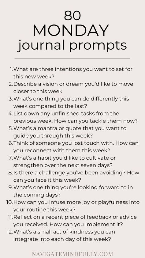 Monday journal prompts Monday Journal Prompts, Monday Journal, Mindfulness Journal Prompts, Morning Journal Prompts, Journal Inspiration Writing, Journal Questions, Find Motivation, Daily Journal Prompts, Personal Growth Motivation