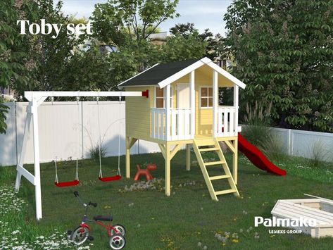 The Toby Set is just good old Toby playhouse amended by Toby swing beam. A slide is also available as an optional extra. If you already have a Toby in your garden, you can order separately a Toby swing beam to expand the use of playhouse. #playground, #playhouse, #palmako, #bringjoytothegarden, #timberinthegarden, #outdoorlivingspace Tree Fort Ideas, Elevated Playhouse, Playhouse Swingset, Outdoor Kids Playhouse, Wooden Outdoor Playhouse, Fort Ideas, Playhouse Kits, Playhouse With Slide, Girls Playhouse