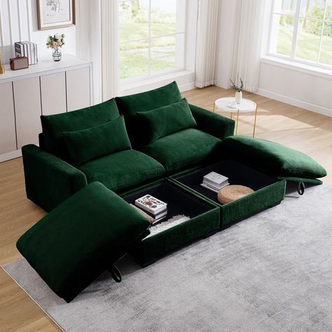 Product Features Sophisticated fabric - with its distinct tactile quality, durable corduroy fabric radiates both comfort and cozy, making it the ideal material for settling down and enjoying the sofa's coziness. Living Room Green Sofa, Sectional Sofa Comfy, Corduroy Sofa, Couch With Storage, Deep Seat Sofa, Deep Couch, Modular Couch, U Shaped Sofa, Comfy Couch