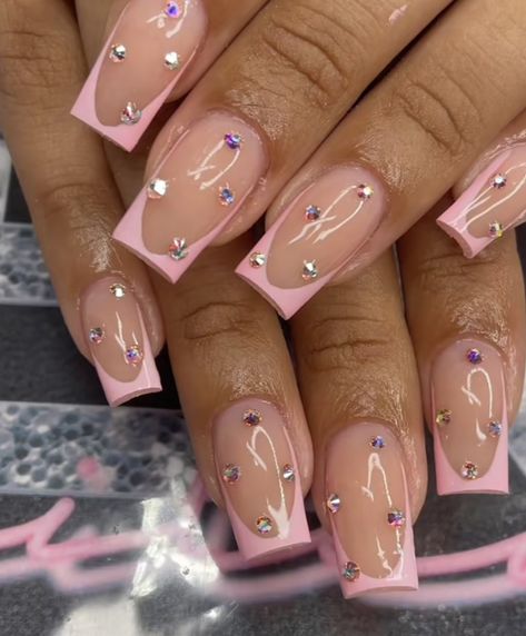 Short Nails Full Set, Light Pink Nails With Gems Short, Glam Nail Ideas, Short Pink French Tip Nails With Rhinestones, Medium Pink Nails With Rhinestones, Pink French Tip Nails Square With Gems, Short Full Set Nails, Pink Graduation Nails, Short Full Set Nails Acrylics