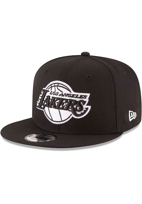 New Era Los Angeles Lakers Black 9FIFTY Mens Snapback Hat, Black, POLYESTER, Size ADJ Black Fitted Hat With Letter Print And Flat Brim, Throwback Black Baseball Cap With Flat Bill, Throwback Black Flat Bill Baseball Cap, Black Fitted Sports Hat With Letter Print, Black Fitted Hat With Letter Print For Sports Events, Black Fitted Hat With Letter Print For Sports, Black Hats With Letter Print For Fan Gear, Adjustable Black Hats For Sports Events, Black Snapback Hat With Letter Print And Short Brim