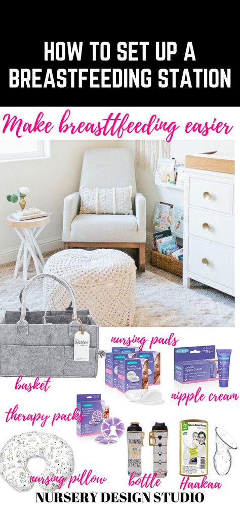 We are going to share how to set up a breastfeeding station in the nursery that is super functional and optimal, to make breastfeeding and caring for your baby easier. Nursing Station Breastfeeding, Breastfeeding Basket, Breastfeeding Chair, Best Nursing Pillow, Nursery Layout, Breastfeeding Essentials, Baby Registry Checklist, Nurses Station, Nursing Chair