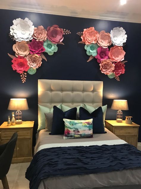 Paper flowers used as befroom decor . Made by Vixen Paper Flowers, South Africa #paperflowersZa #paperflowers #decor Bedroom Focal Wall, Flowers South Africa, Paper Flower Patterns, Flower Bedroom, Focal Wall, Large Paper Flowers, Postnatal Workout, Studio Ideas, Farmhouse Rustic