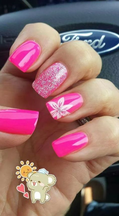 Nail Designs With Pink Polish, Gel Nail Ideas For Vacation, Pink Vacation Nails Acrylic, Gel Nails Flowers Design, Flowers On Pink Nails, Summer Nails Ideas Acrylic Bright Colors Art Designs, Bright Pink Nail Designs Summer Colors, Dip Nail Ideas Vacation, Fun Summer Nails Bright Pink