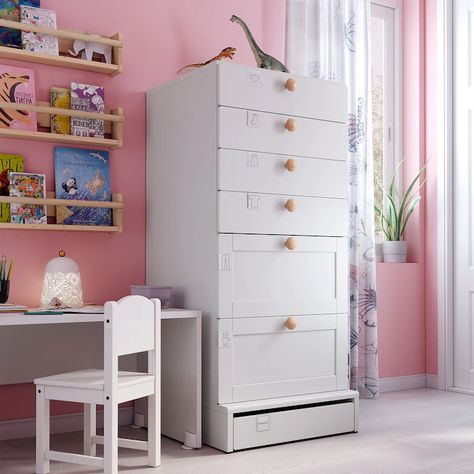 SMÅSTAD / UPPFÖRA 6-drawer chest - white with frame - IKEA Painted Drawers, 6 Drawer Chest, Honeycomb Paper, White Chests, Ikea Family, Top Drawer, Kids Storage, Drawer Fronts, Storage System