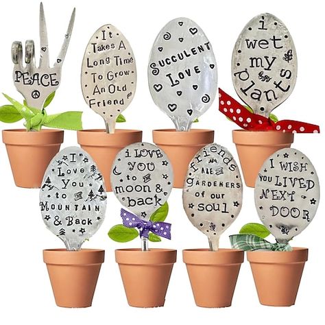 Spoon Plant Markers, Spoon Garden Markers, Herb Garden Pots, Garden Marker, Aluminum Foil Art, Spoon Crafts, Decorative Garden Stakes, Stamped Spoons, Plant Tags