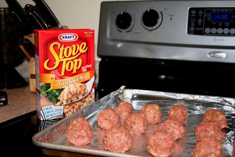 In a large bowl, mix: 2 lbs of ground beef 1 box of chicken flavored Stovetop Stuffing 1 1/4 cups of water 2 eggs I would also recommend you add a few more spices (pepper, garlic, etc.) Use a 1/4 cup to measure out each meatball. Place on a cookie sheet that has been lined with tin foil (you may need 2 pans). Cook at 400 for 16-18 minutes (I like to turn mine over half way through cooking). Stovetop Meatballs, Stuffing Meatballs, Stovetop Stuffing, Stove Top Stuffing, Beef Bowl, Food Beef, Best Meatballs, How To Cook Meatballs, Stove Top Recipes