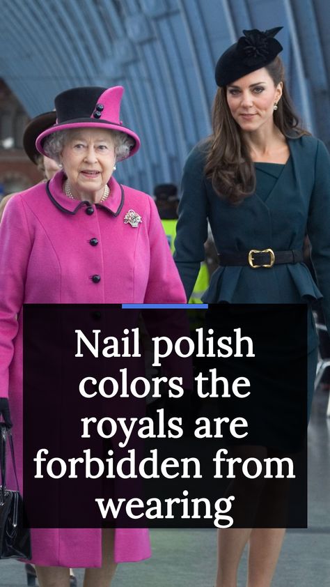 If you think the nail polish rules are strict at private schools, then think again. The royal women are known to follow a pretty strict set of grooming rules most of the time. Even with a large budget for style and beauty — Kate Middleton gets $37,728 per year — it seems like it must be difficult to conform their appearance to the acceptable standard. Click our link to find out one of the most noticeable rules is that royals are not allowed to wear. Queen Elizabeth Nail Polish, Kate Middleton Nails Polish, Kate Middleton Nails, Royal Nails, Royals Nails, Nail Polish Style, Beauty Rules, Royal Women, Private Schools