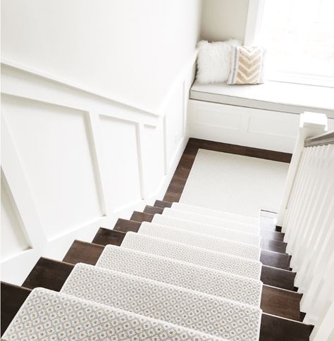 How to Choose and Lay a Stair Runner: An Overview | Caroline on Design Grey Stair Carpet, Stanton Carpet, Wainscoting Styles, Staircase Runner, White Stairs, Window Seats, Cheap Carpet Runners, Foyer Decorating, Beige Carpet