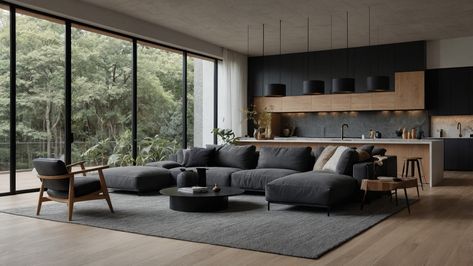 Step into a Japandi-style haven with an open floor plan and matte black accents 🖤✨. This photorealistic space seamlessly blends Japanese minimalism and Scandinavian functionality, featuring sleek lines, natural materials, and light wood tones 🌿🏠. #Japandi #Minimalist #OpenFloorPlan #ModernDesign #MatteBlack #InteriorDesign #ContemporaryArchitecture #JapandiStyle #HomeDecor #DesignInspo #ModernLiving #NaturalMaterials #ScandinavianDesign #JapaneseMinimalism #InteriorGoals #HomeInspiration #L... Japandi Black, Black Architecture, Japanese Minimalism, Sugi Ban, Harmony With Nature, Shou Sugi Ban, Luxury Getaway, Japandi Style, Modern Cabin