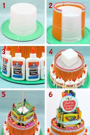 Teacher School Supplies Gift, School Supply Cake Diy, School Supply Gift Basket, New Teacher Shower Ideas, Teacher Appreciation Cake Ideas, Back To School Diy Crafts, Teacher Shower Ideas, School Cake Ideas, Teacher Supply Cake