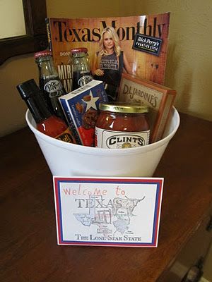 Guest Welcome Basket ... I used authentic "Texas" items to give my guests and they all loved it! Texas Gift Basket Ideas, Texas Centerpieces, Texas Gift Basket, Guest Welcome Baskets, Wedding Welcome Baskets, Texas Themed Gifts, Guest Basket, Welcome To Texas, Texas Party