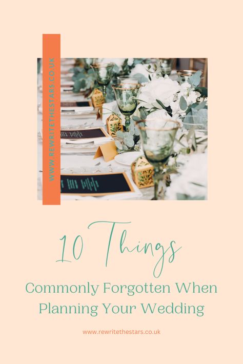 10 things commonly forgotten when planning a wedding I thought this maybe a useful list for brides planning their wedding; 10 things commonly forgotten when planning a wedding. Some of them may seem obvious but better to be prepared! With all the emotions and stress that often accompany the planning, some things do naturally get […] The post 10 Things Commonly Forgotten When Planning Your Wedding appeared first on Rewrite the Stars. Bridal Dressing Room, Forgotten Things, Rewrite The Stars, Diy Wedding Planning, Seating Sign, Master Of Ceremonies, Table Names, The Emotions, Planning A Wedding