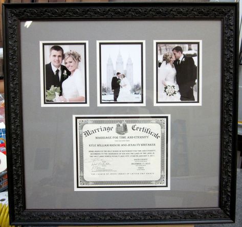 What a way to say "I would do it all over again." Remembering that special day and preserving it for a life time. Framed by Frameworks of Utah. Marriage Certificate Display, Certificate Display, Marriage Signs, Wedding Photo Display, 22nd Anniversary, Wedding Shadow Box, Bedroom Ideas For Couples, Marriage Records, Wedding Certificate