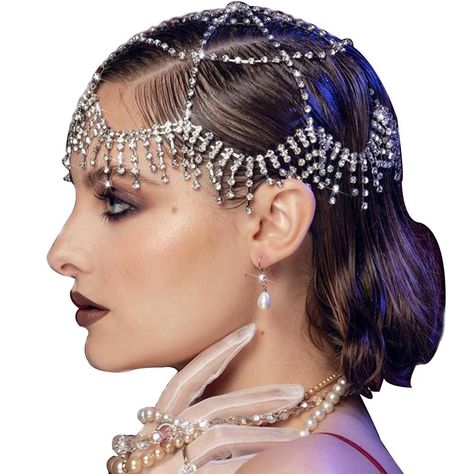 Gem Headpiece, Extravagant Headpiece, Prom Costume Halloween, Mesh Headpiece, Head Chain Wedding, Burlesque Headpiece, Head Accessories Wedding, 1920s Hair Accessories, Edgy Hair Color