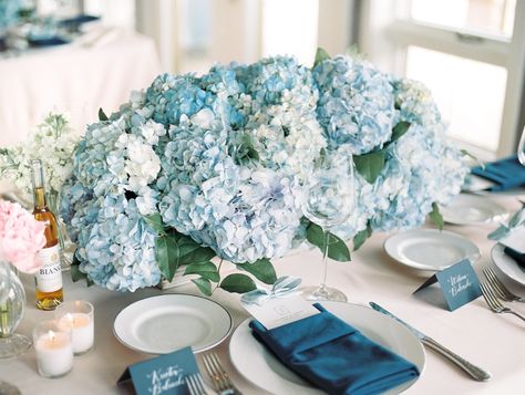 Budget Friendly Wedding Centerpieces // A Sophisticated Michigan Lakeside Wedding via TheELD.com Hydrangea Blue Centerpiece, Wedding Centerpieces Blue Hydrangea, Hydrangea And Delphinium Centerpiece, White Roses And Blue Hydrangeas Centerpiece, Blue Hydrangea Sweetheart Table, Budget Friendly Wedding Centerpieces, Blue Hydrangea Centerpieces, Wedding Design Board, Blue Wedding Centerpieces