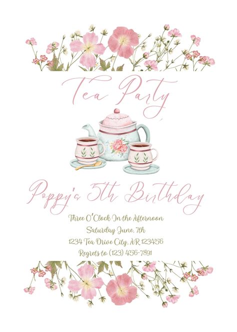 Tea Party Birthday Invitation. Completely Customizable! This will be a digital download so it is perfect for sending a digital invitation or printing yourself! Birthday Tea Party Invitations, Floral Tea Party, Pink Tea Party, Birthday Tea Party, Tea Party Invitations, Afternoon Tea Parties, Pink Tea, Invitation Floral, Tea Party Birthday