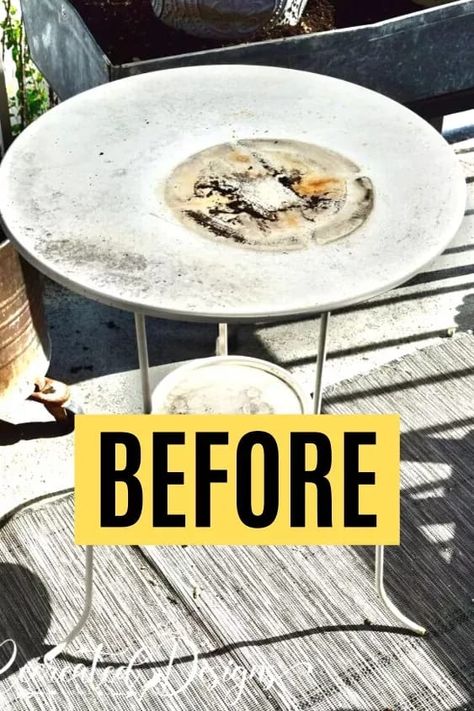 Side Table Makeover Diy, Table Upcycle Diy, Metal Patio Furniture Makeover, Outdoor Furniture Metal, Outdoor Furniture Makeover, Table Upcycle, Metal Outdoor Side Table, Outdoor Patio Side Table, Painted Outdoor Furniture