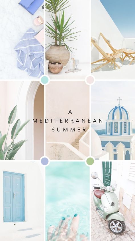 pin shows 9 still photos depicting a Mediterranean summer aesthetic. All ice-cream colors from the palest blue through turquoise to baby pinks. There are photos of the blue and white of Santorini, a hand in a pool with turquoise nail varnish, a pale green vespa parked in a cobbled street, two steamer sun loungers on a white terrace with blue sky, a pink stone staircase, blue and white striped shirt and a plant in front of a white and pink stone archway. Mood Board Mediterranean, Mediterranean Mood Board, Mediterranean Summer Aesthetic, Mediterranean Colours, Branding 2023, Mediterranean Color Palette, Easy Diy Tie Dye, Travel Thursday, Mediterranean Vacation