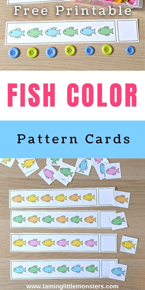 Fish Pattern Cards (Free Printable for Kids). Easy patterning activity for preschool and kindergarten math centers. #math #stem #summer #preschool #kindergarten Ocean Life Math Activities For Preschool, Water Theme Math Activities Preschool, Ocean Animal Stem Activities, Fish Theme Preschool Activities, Ocean Animals Math Preschool, Water Math Activities Preschool, Ocean Patterns Preschool, Fish Kindergarten Activities, Ocean Art Kindergarten