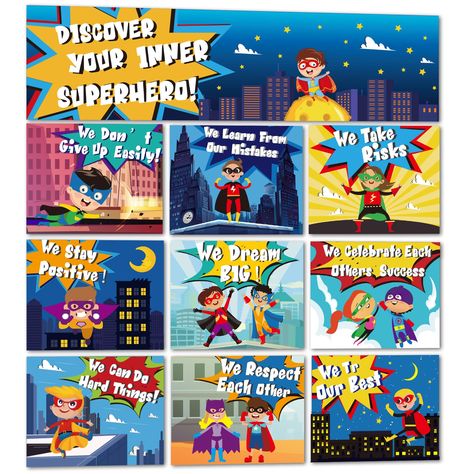 PRICES MAY VARY. 【Super Theme Hero Posters】The super theme hero bulletin board include 1 banner(Discover Your Inner super theme hero!) and 9 pieces super theme hero posters.They are all perfect for primary school,homeschool science educational needs.The colorful well designed pictures are very eye-catching and can easily arouse students' interests. 【High Quality】The super theme hero banner measures 35*7.8inch/90*20cm. Each poster measures 11.8*11.8inch/30*30cm.Our posters are made of quality car Hero Bulletin Board, Superhero Classroom Decorations, Hero Banner, Classroom Bulletin Board, Superhero Classroom, Computational Thinking, Hero Poster, Classroom Bulletin Boards, Middle School Teachers