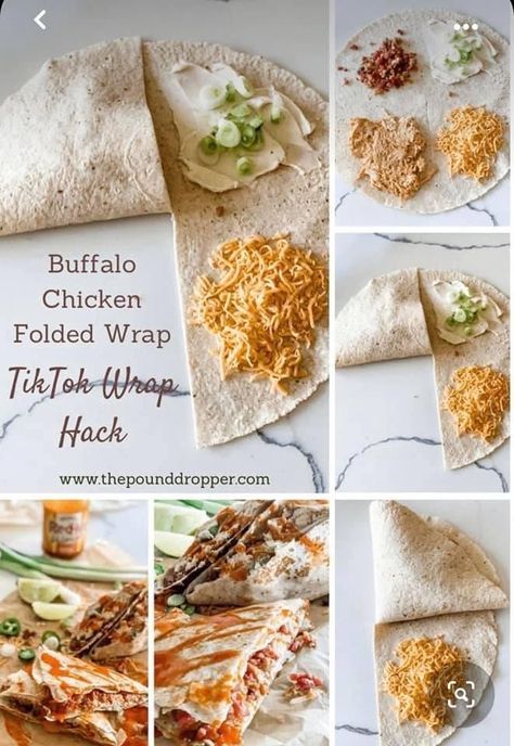 Buffalo Chicken Folded Wrap, Folded Wraps Recipes, Folding Wraps, Folded Wraps, Ww Sandwiches, Tortilla Wrap Hack, Tortilla Trend, Chicken Buffalo, Pound Dropper