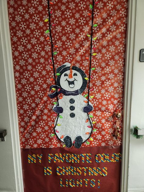 A very jolly Snowman swinging on Christmas lights! Snowman Swinging On Lights, Stem Classes, Snowman Door, Toddler Arts And Crafts, Winter Snowman, Toddler Art, Door Decoration, Christmas Lights, Door Decorations