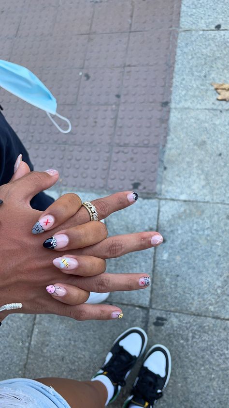 Showing Off Nails With Boyfriend, Matching Nails With Stud Girlfriend, Couple Nail Sets, Space Jam Nails, Matching Nail Sets With Boyfriend, Couples Manicure, Boyfriend And Girlfriend Nails, Relationship Nails, His And Hers Nails