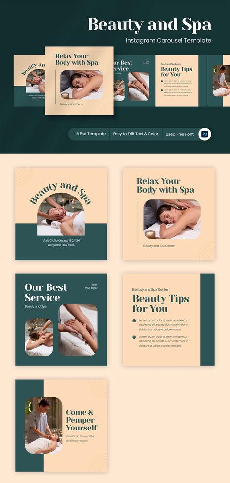 Beauty and Spa Instagram Carousel Template PSD Skincare Carousel, Spa Center, Body Spa, Beauty Center, Beauty Images, Med Spa, Instagram Design, Retail Interior, Photoshop Template