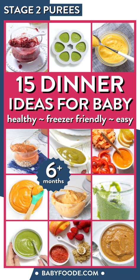 Looking for healthy stage 2 baby food ideas you can serve your little one for dinner? Here are 15 Dinner Baby Purees that will leave your little one full and satisfied. Loaded with nutrients, protein and some complex carbs, these purees are a healthy way for baby to end their day. Great homemade baby food for 6+ months – stage 2 baby food. Dinner Ideas For Baby, Baby Food For 6 Months, Baby Food Ideas, Stage 2 Baby Food, Baby Purees, 6 Month Baby Food, Roasted Root Veggies, Baby Dinner, Complex Carbs