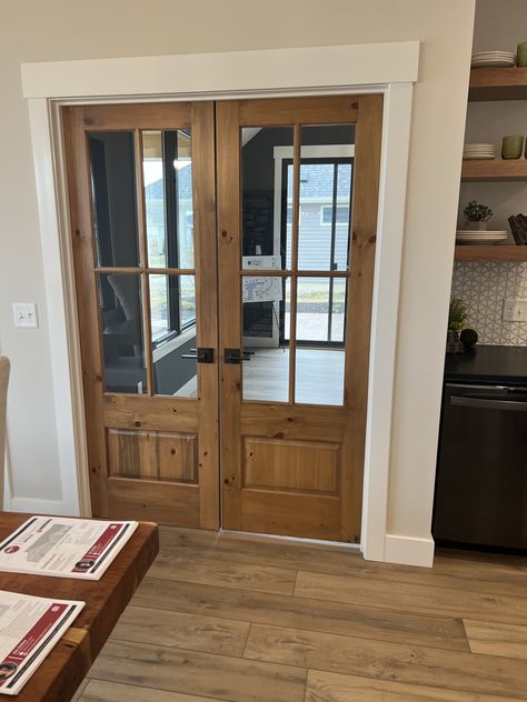 Textured Glass French Doors, Indoor Doors Glass Wood, Stained French Doors Interior, Stained Office Doors, Playroom With French Doors, French Office Doors For Home, Wood French Doors Office, Wooden French Doors Interior, Stained Wood Doors Interior