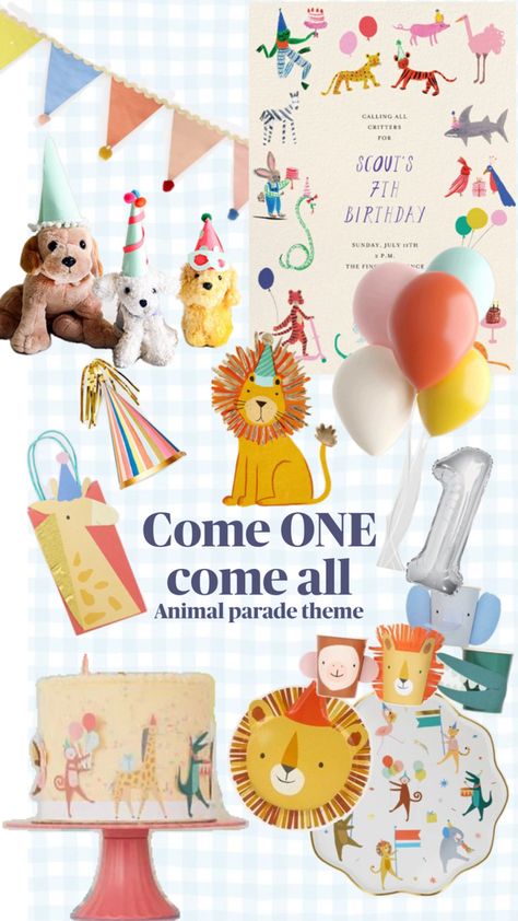 1st Birthday Theme 1st Birthday Party Food, Party Animal Birthday Theme, 1st Birthday Theme, Party Animal Birthday, Animal Theme Birthday, Come One Come All, Animal Parade, Animal Party Theme, Baby Birthday Themes