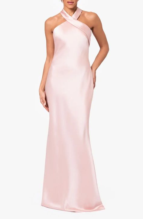 Xscape Evenings Halter Neck Satin Trumpet Gown | Nordstrom Bridesmaid Dresses Halter Neck, Braids Maid Dresses, Halter Neck Prom Dress, High Neck Dress Formal, Light Pink Bridesmaid Dresses, Black Tie Wedding Guest Dress, Chic Bridesmaid Dresses, Bridal Party Attire, Halter Wedding Dress