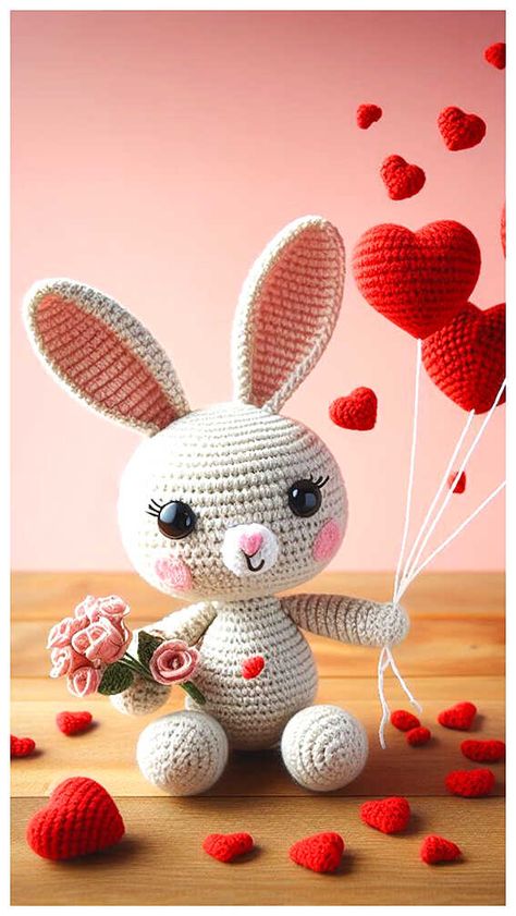 Amigurumi Valentine Bunny Crochet Free Pattern Bunny Crochet Free Pattern, Heart Amigurumi, Knitting Doll, Crochet Amigurumi Patterns, Free Crochet Amigurumi, Holding A Heart, Bunny Crochet, Step By Step Crochet, Amigurumi Elephant