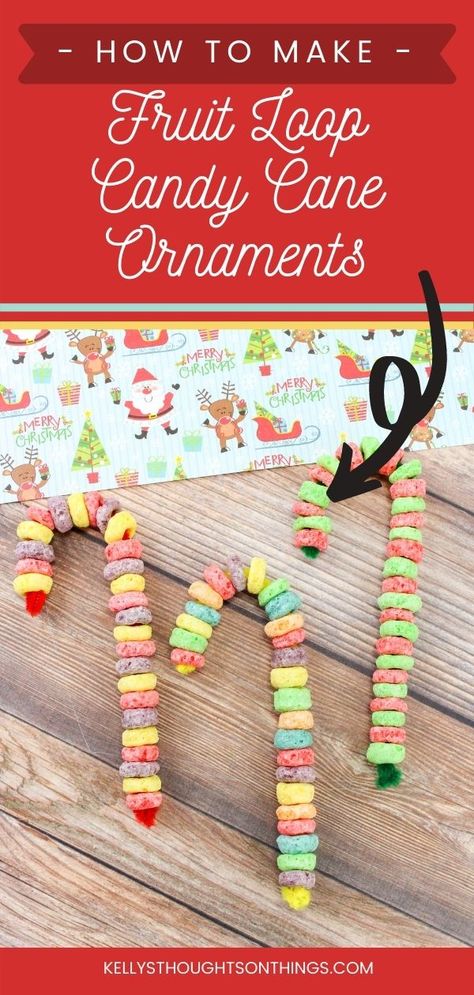 How To Make Candy Christmas Ornaments, Fruit Loop Crafts, Candy Cane Ornaments Diy Kids, Candy Crafts For Kids, Candy Cane Bead Craft, Pipe Cleaner Candy Canes Beads, Awana Crafts, Edible Kids Crafts, Diy Tree Ornaments