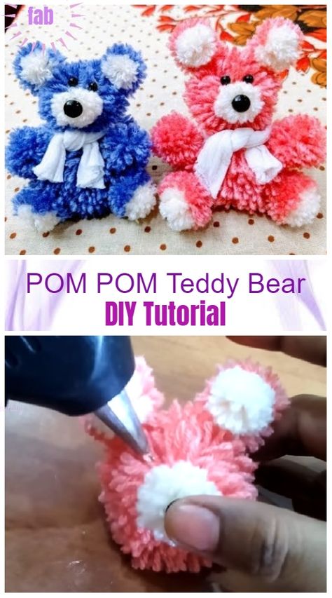 DIY Pom Pom Teddy Bear Tutorial with Wool - Video Pom Pom Teddy Bear Diy, Pompom Animals Tutorials, Things To Make With Wool, Pom Pom Owl, Diy Yarn Pom Pom, Teddy Bear Tutorial, Wool Crafts Diy, Yarn Animals, Pom Pom Animals