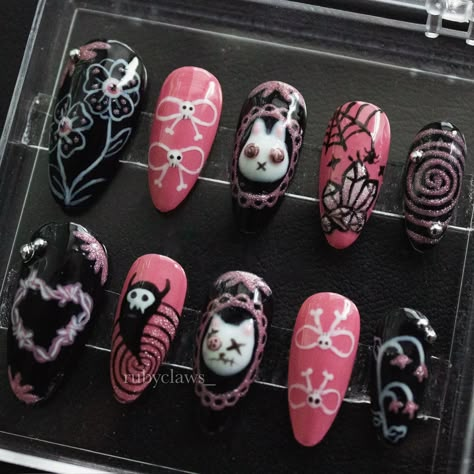 creepy cute set 💀🎀 first halloween set, heavily inspired by @starlightnail_s !! thirteen year old me would’ve DIED for these nails when i was a little scene bean 😅 ——————————— ngl coming up w a halloween theme that hasnt been done yet was kinda hard but we managed 🎃 any former emo’s out there who know ghost town? ——————————— #halloweennails #fallnails #creepycute #gelnails #nailart #spookynails #nailinspo Scary Nail Ideas, Goth Kawaii Nails, Halloween Nail Designs Ghost, Spooky Birthday Nails, October Nail Designs Short, Coquette Halloween Nails, Halloween Sanrio Nails, Natural Nails Halloween, Emo Halloween Nails