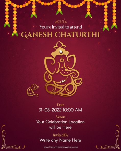 May Ganesh is always there to protect you, to bless you, to shower you with his choicest blessings…. Wishing a very Happy Ganesh Chaturthi.. Ganpati Invitation Card Template, Ganpati Invitation Card, Ganesh Chaturthi Greetings, Ganesh Chaturthi Festival, Invitation Card Sample, Invitation Card Format, Free Invitation Cards, Indian Invitation Cards, Indian Invitations