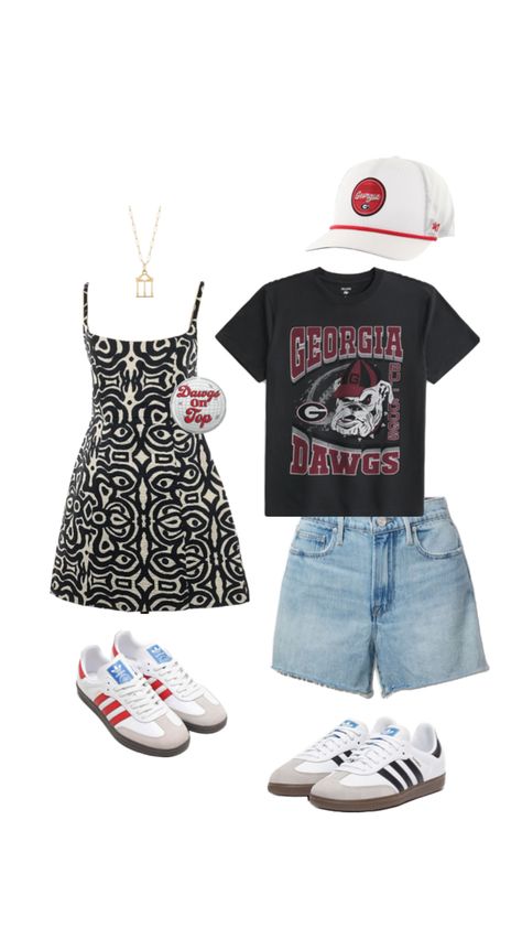 zara dress sambas uga shirt georgia hat jorts uga arch pendant necklace Uga Gameday Outfit Georgia, Uga Arch, Uga Gameday Outfit, Uga Gameday, Georgia Hat, Uga Football, Georgia Dawgs, Couples Outfit, Football Game Outfit