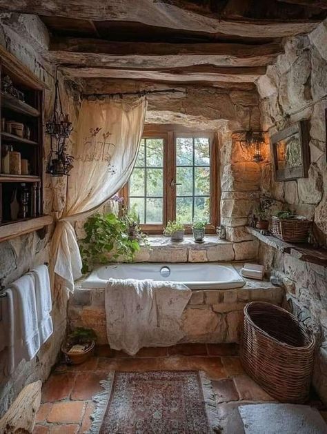 Old Cottage Bathroom, Earthship Bathroom, Bathroom Cottagecore, Clawfoot Tub Bathroom, Tub Room, Stone Tub, Bathroom With Tub, Stone Bathtub, Walk In Bath